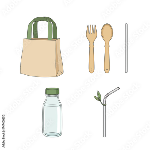 Eco-friendly reusable tote bag, cutlery and water bottle – sustainable lifestyle zero waste flat design illustration