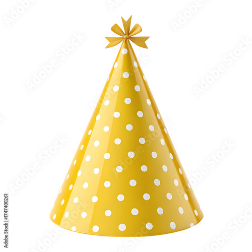 Bright yellow polka dot party hat with a golden bow on top isolated on transparent background