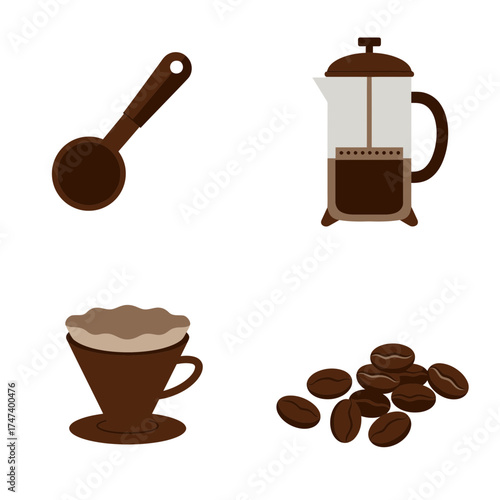Coffee Brewing Essentials with Spoon, Coffee Beans, and French Press for Cafe Lovers