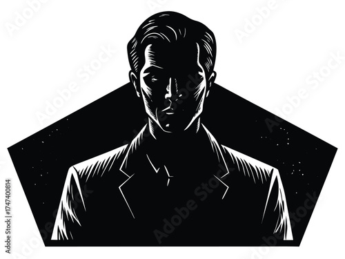 Vector art of silhouette of a man in suit, mysterious and serious, vector illustration