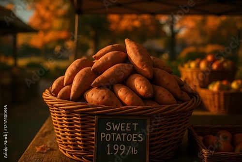 Sweet Potatoes for Sale in a large wicker basket at a Farmers Market in Autumn.