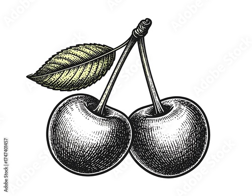 Two cherries with leaf, detailed line art