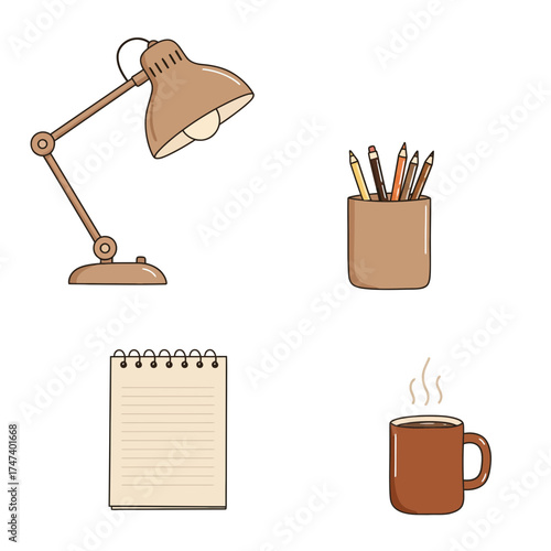 Cozy home study icons with desk lamp, pencil holder, and notepad in neutral colors