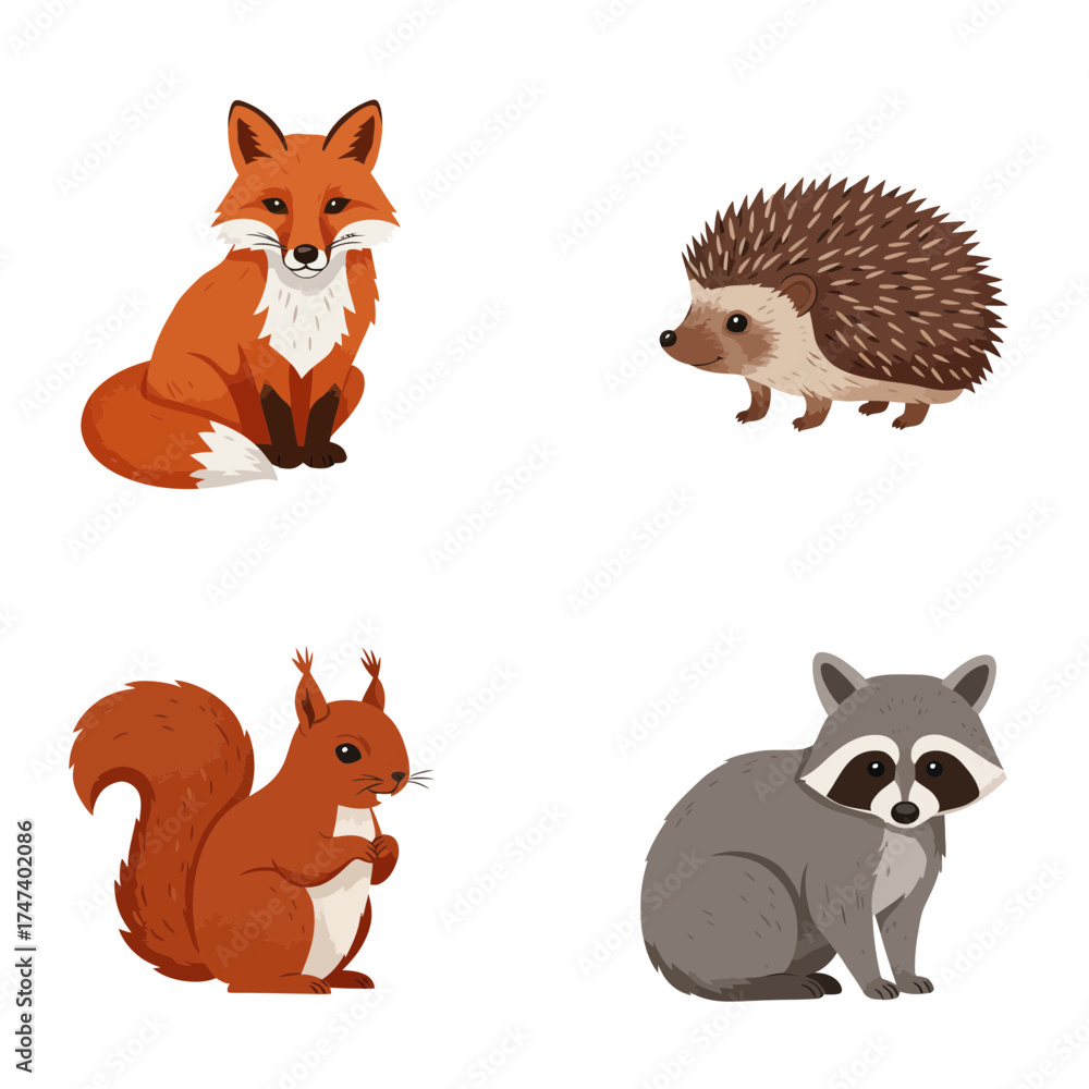 Fototapeta premium Adorable woodland animals with fox, hedgehog, squirrel, and raccoon in cute cartoon style