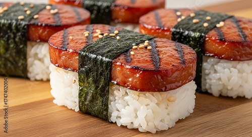 Close-Up of Hawaiian Spam Musubi on Wooden Board