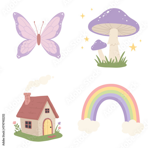 Whimsical spring clipart with butterfly, mushroom, rainbow, and birdhouse in pastel colors