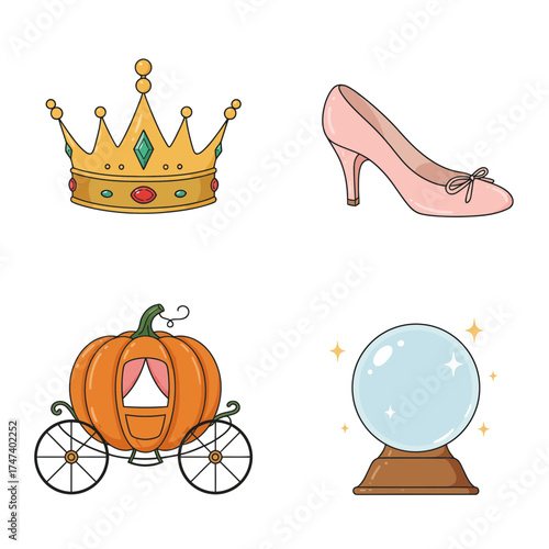 Golden crown, high heel, and crystal ball representing princess luxury and royal fashion concept