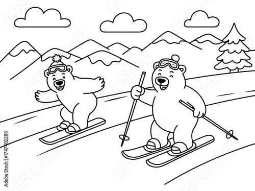 Simple line drawing of happy bears snowboarding and playing in snowy mountains