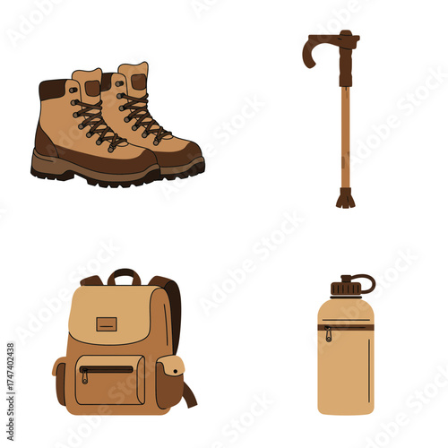 Hiking boots and walking stick representing mountain trekking, travel, and outdoor adventure lifestyle