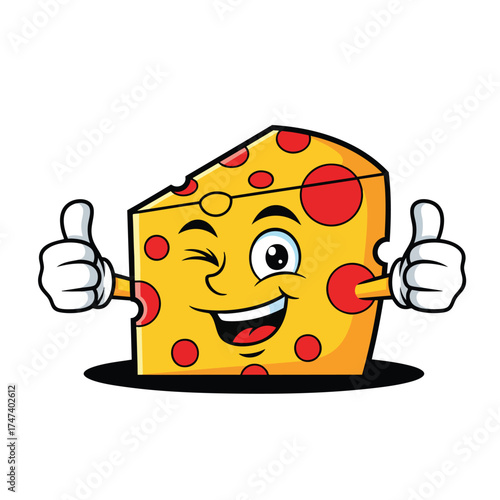 Cheerful cartoon cheese wedge mascot winking and giving two thumbs up.
