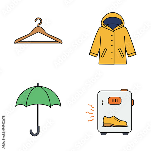 Autumn season outfit with umbrella, raincoat, and hanger representing fall fashion and rainy day style