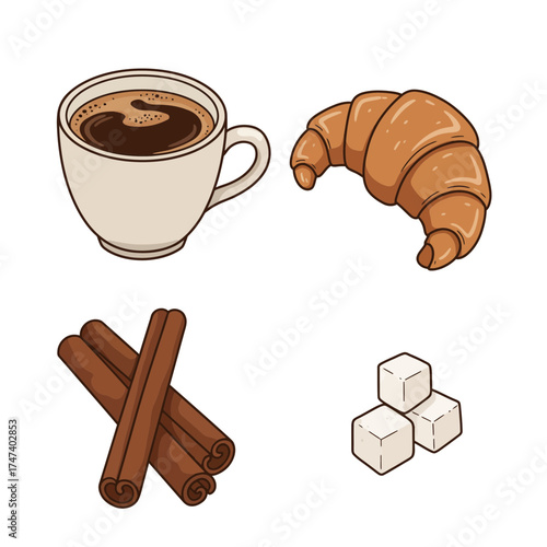 Fresh croissant with coffee and cinnamon sticks representing breakfast café vibes and cozy mornings