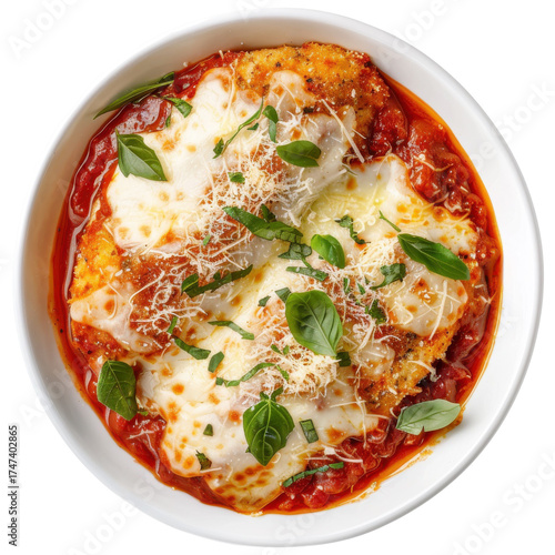 Chicken parmesan in tomato sauce with melted mozzarella and basil garnish, isolated on white background