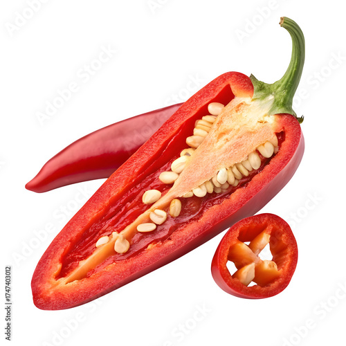 Close up of a vibrant red hot chili pepper cut in half showing seeds and flesh isolated on transparent background