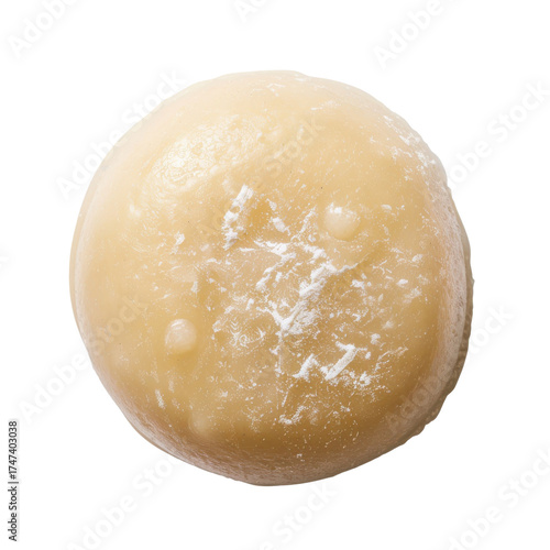 A single, round, mochi dessert dusted with powdered sugar, close-up view, isolated on white background