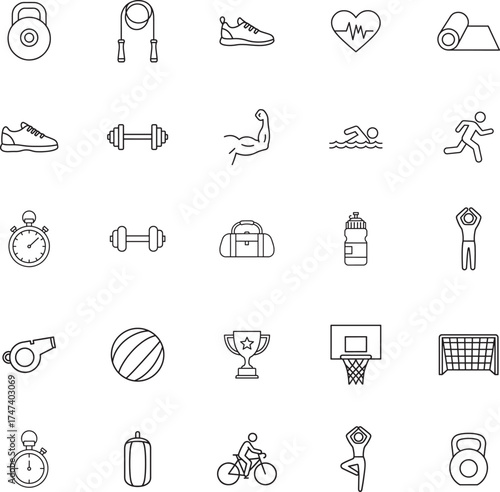 Fitness Exercise and Athletic Sports Line Art Icon Set