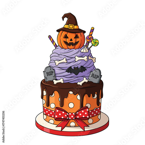 Festive cartoon Halloween cake with a jackolantern topper witch hat and spooky decorations.