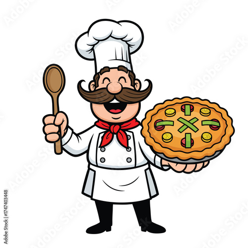 Happy cartoon chef with a big mustache holding a delicious pizza and a wooden spoon.