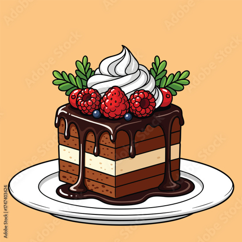 Illustrated square slice of layered chocolate cake with dripping ganache whipped cream and fresh berries on a plate.