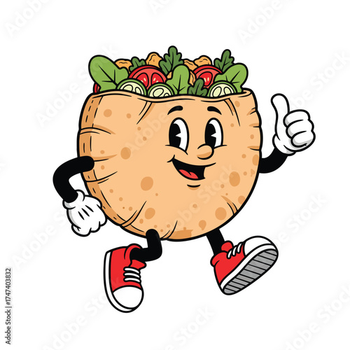 Smiling cartoon pita bread sandwich mascot giving a thumbs up gesture.