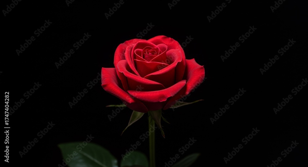 Fototapeta premium Red rose on black background, romantic minimal composition. 