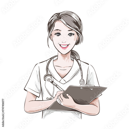 Nurse in white scrubs smiling with clipboard