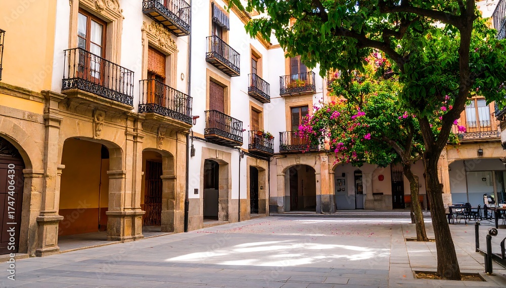 Obraz premium A European town square features stone archways supporting ornate balconies, trees with blooms, and a cobbled ground