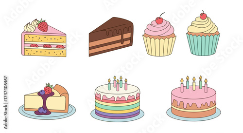 Illustration of various cakes and cupcakes with different toppings and decorations.