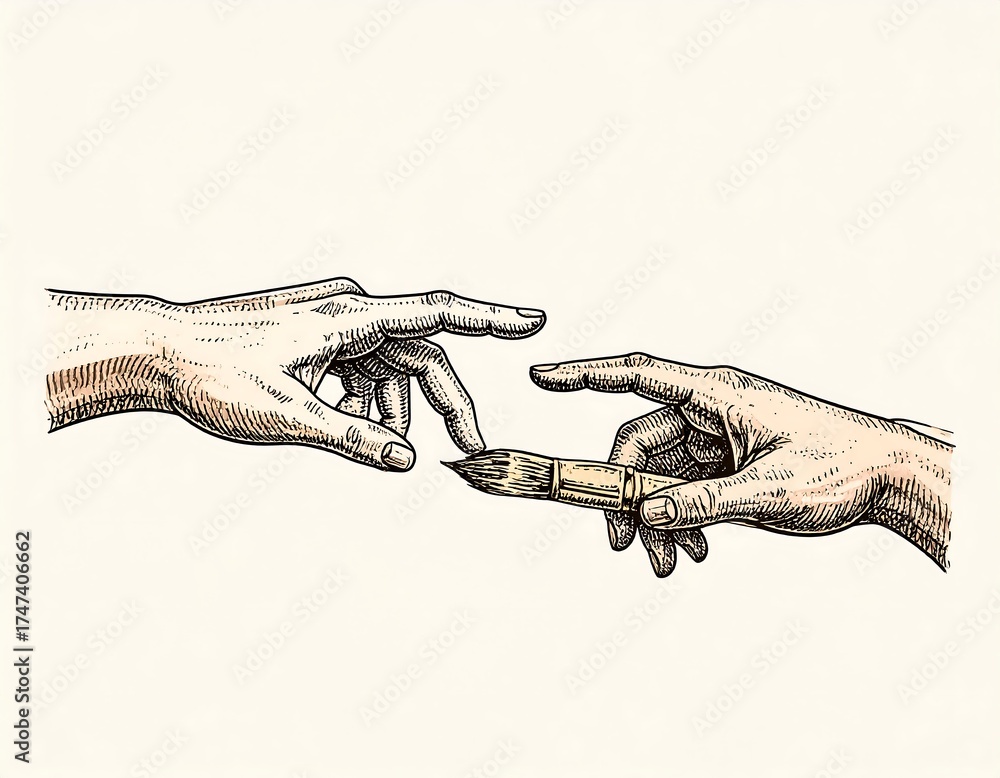 Obraz premium Two hands reaching towards each other, a brush between them