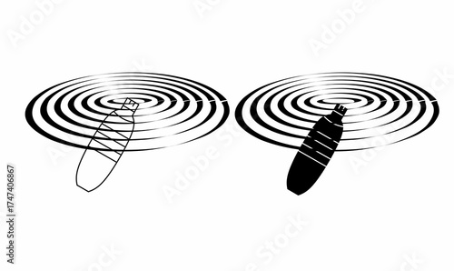 Vector illustration of a plastic bottle floating in ocean water, creating ripple waves. Symbol of water pollution, waste, and environmental contamination in black and white design