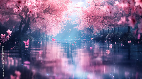 Wide angle of sakura background with butterflies and cherry blossom rain