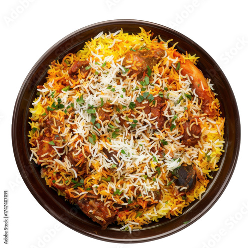 Overhead view of chicken biryani with basmati rice and cilantro garnish, isolated on white background