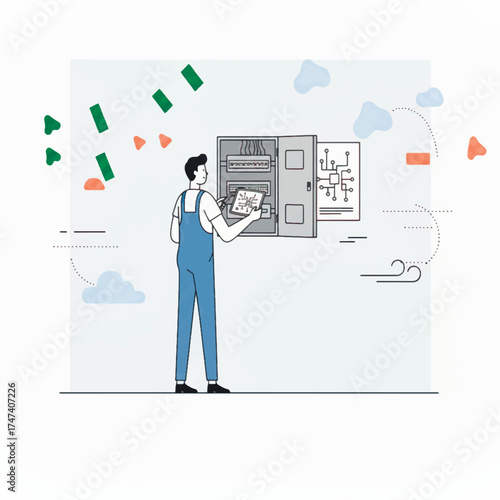 Vector Illustration of an electrician in overalls inspecting an open fuse box control panel with a tablet. Electrical maintenance, installation and smart home technology concept.