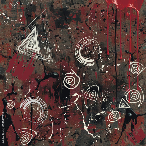3d abstract expressionist artwork in black, red, and white with paint grunge brush strokes, drips, liquid splatters, hand drawn geometric shapes, spirals. Grungy, dark urban art vector background.