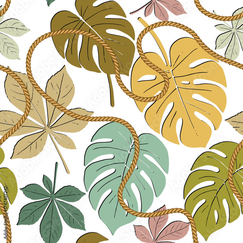 Seamless tropical vector pattern featuring a mix of colorful monstera and chestnut leaves intertwined with thick, realistic nautical 3d rope on a white background. Exotic resort and maritime theme.