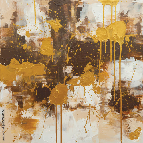Abstract canvas painting in rich brown, beige and white with dynamic grunge brush strokes, featuring bold splashes and drips of metallic gold paint. Luxury modern art textured vector background.