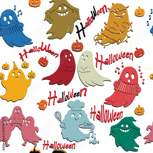 Seamless pattern featuring a variety of funny, colorful cartoon ghosts and pumpkins with Halloween text. A whimsical and playful background for kids party invitations or holiday fabric. Vector design.