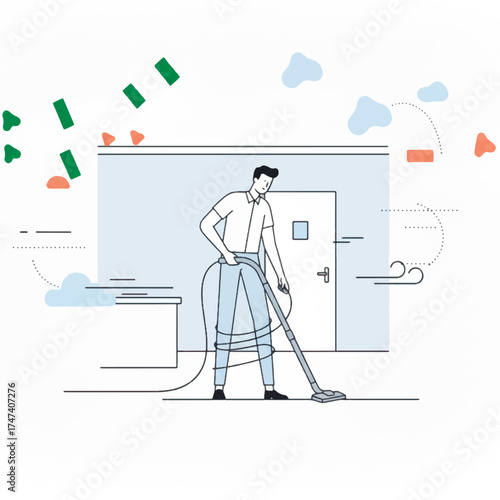 Vector minimalistic Illustration of a man using a vacuum cleaner to clean an office or room. Professional cleaning service, maintenance, and domestic or commercial hygiene concept.