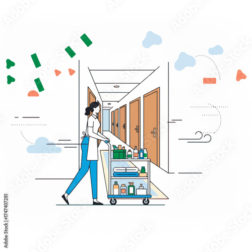 Vector minimalistic Illustration of a female housekeeper pushing a fully stocked cleaning cart down a hotel or apartment corridor. Hospitality, cleaning service, and facility management concept.
