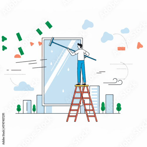 Vector minimalistic Illustration of a man on a ladder cleaning a large window in a city setting. Professional cleaning service, maintenance, and facility management concept.