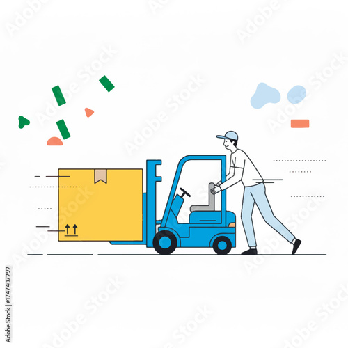 Vector minimalistic Illustration of a warehouse worker pushing a forklift carrying a large, fast-moving yellow package. Logistics, shipping, and rapid e-commerce delivery concept.
