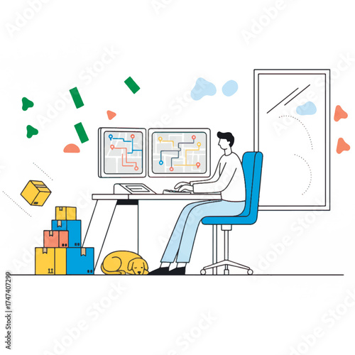 Vector minimalistic illustration of a man at a desk managing logistics with two monitors showing tracking maps, surrounded by shipping boxes. E-commerce, delivery and work from home concept.