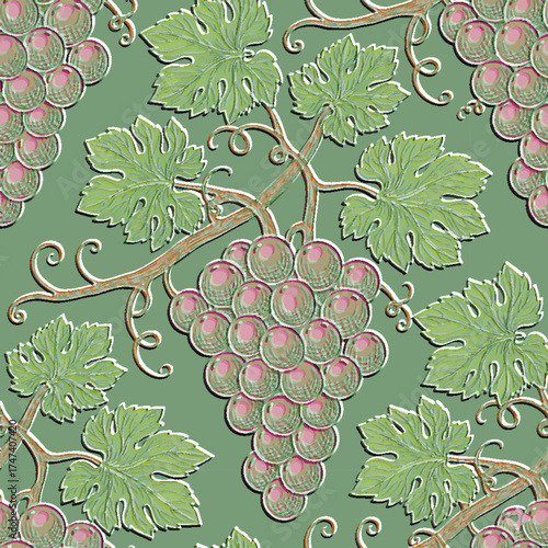 3d Seamless embossed pattern featuring relief surface bunches of pink grapes and green vine leaves with tendrils on a sage green background. Vintage vector vineyard or wine themed wallpaper design.