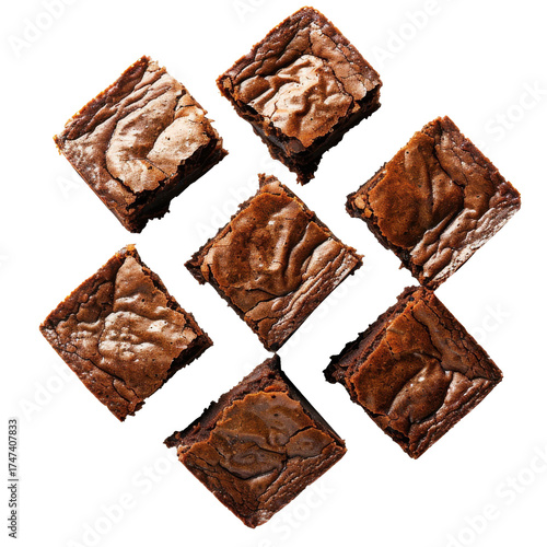 Delectable brownie squares in a geometric arrangement, isolated on white background