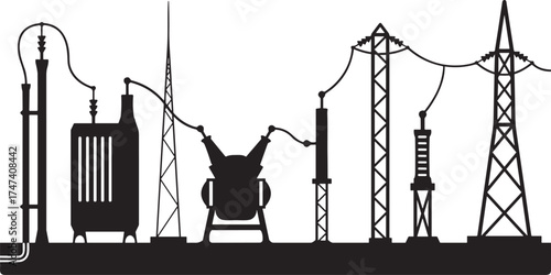Electrical substation silhouette, high voltage power grid, energy distribution infrastructure, transmission towers, transformers, circuit breakers 