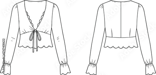 Elegant women’s blouse flat sketch, scalloped neckline, tie waist, ruffled cuffs, fashion design illustration, apparel template, garment construction, technical drawing