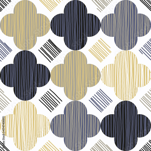 Abstract seamless pattern featuring quatrefoil shapes in a soft, muted, and earthy color palette filled with hand-drawn vertical lines, creating a woven or rustic look