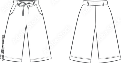 Flat sketch pants design, fashion technical drawing, wide leg trousers, drawstring waistband, cuffed hem, apparel illustration, garment construction, clothing template, vector outline
