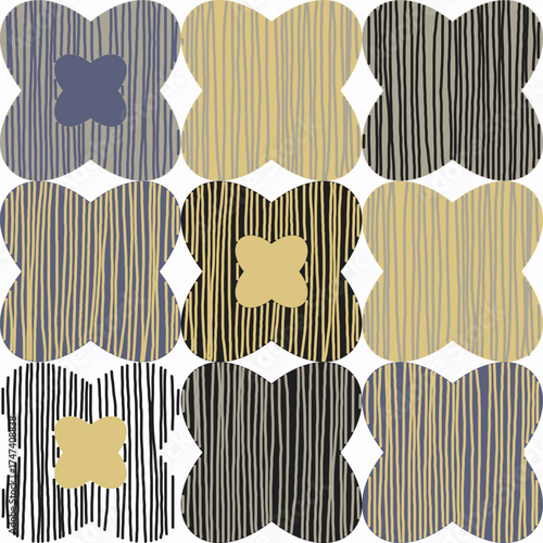 Abstract seamless pattern featuring quatrefoil shapes in a soft, muted, and earthy color palette filled with hand-drawn vertical lines, creating a woven or rustic look