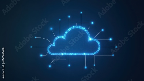 Illuminated blue cloud shape with connected lines and glowing dots, representing networking and data storage against a dark background.